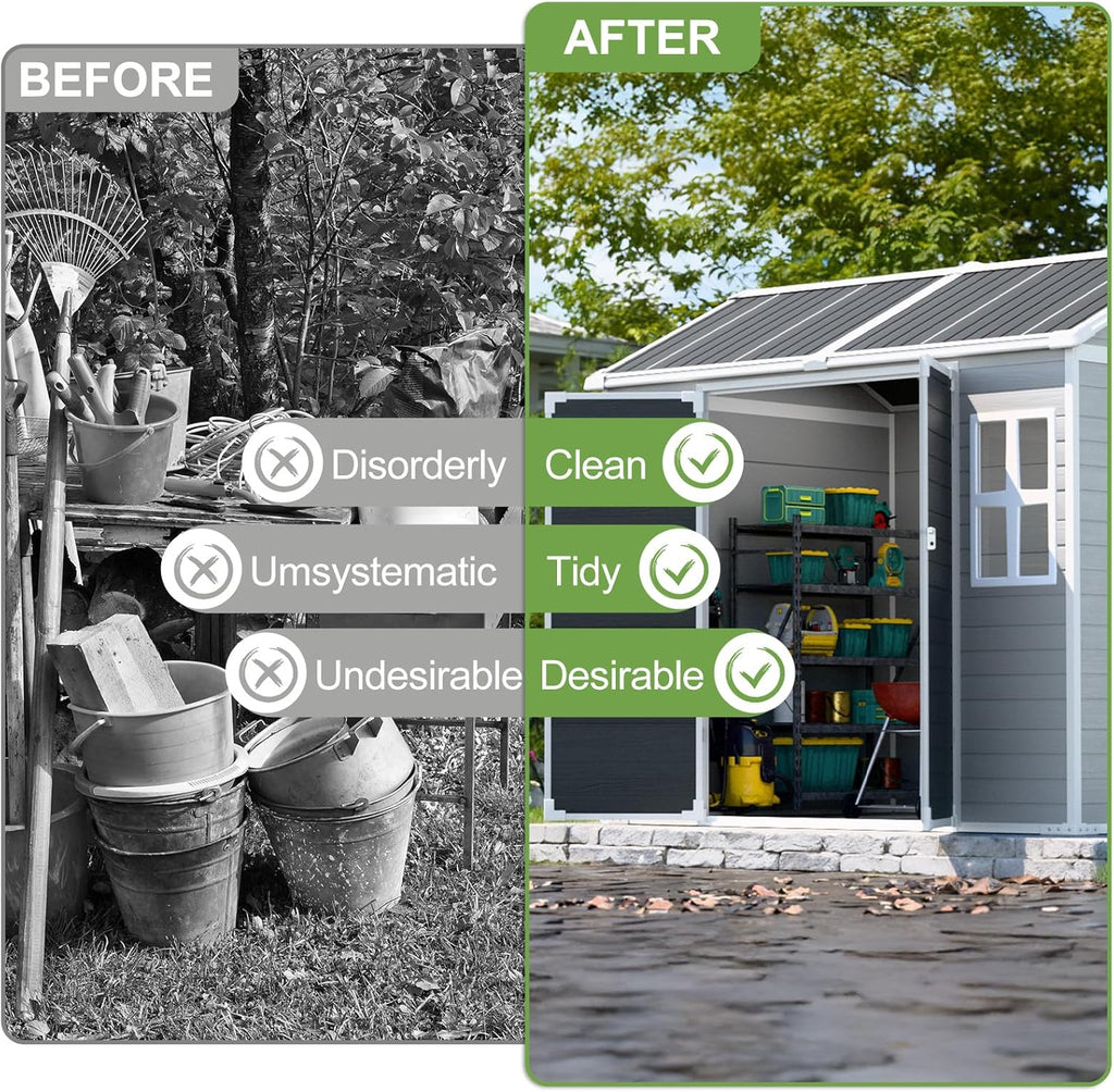 8x6x7 FT Resin Storage Shed, Waterproof Outdoor Shed w/Floor Included, 2 Windows, Double Lockable Doors & Vents,Outside Plastic Tool Sheds for Garden, Lawn, Backyard, Dove Grey