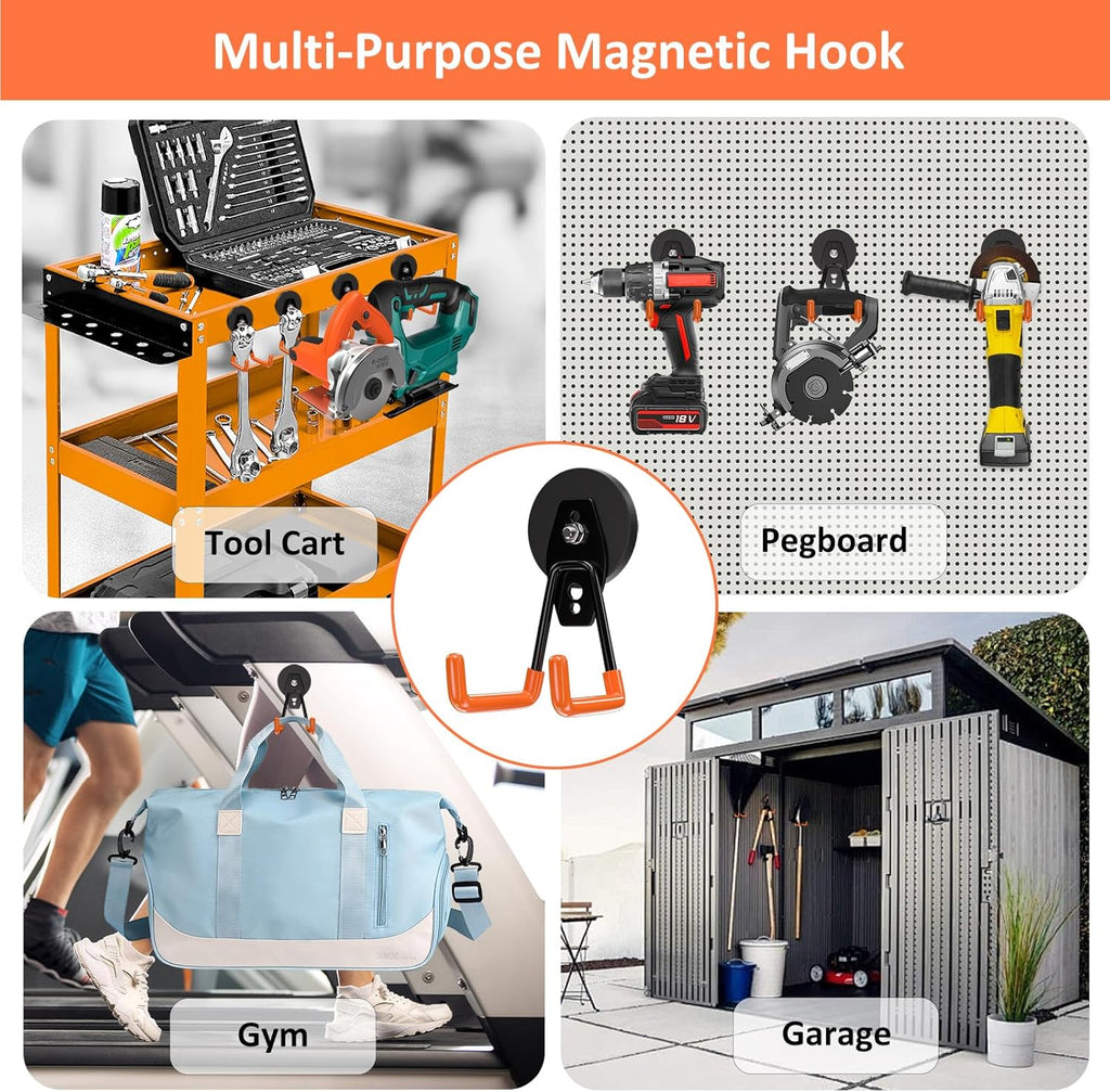 ENUODA Strong Magnetic Hooks Heavy Duty 4 Pack Magnet Garage Hook Heavy Duty Rare Earth Magnets Utility Storage Hooks for Hanging Ladder, Power Tool, Toolbox, Shovel, Broom, Extension Cord