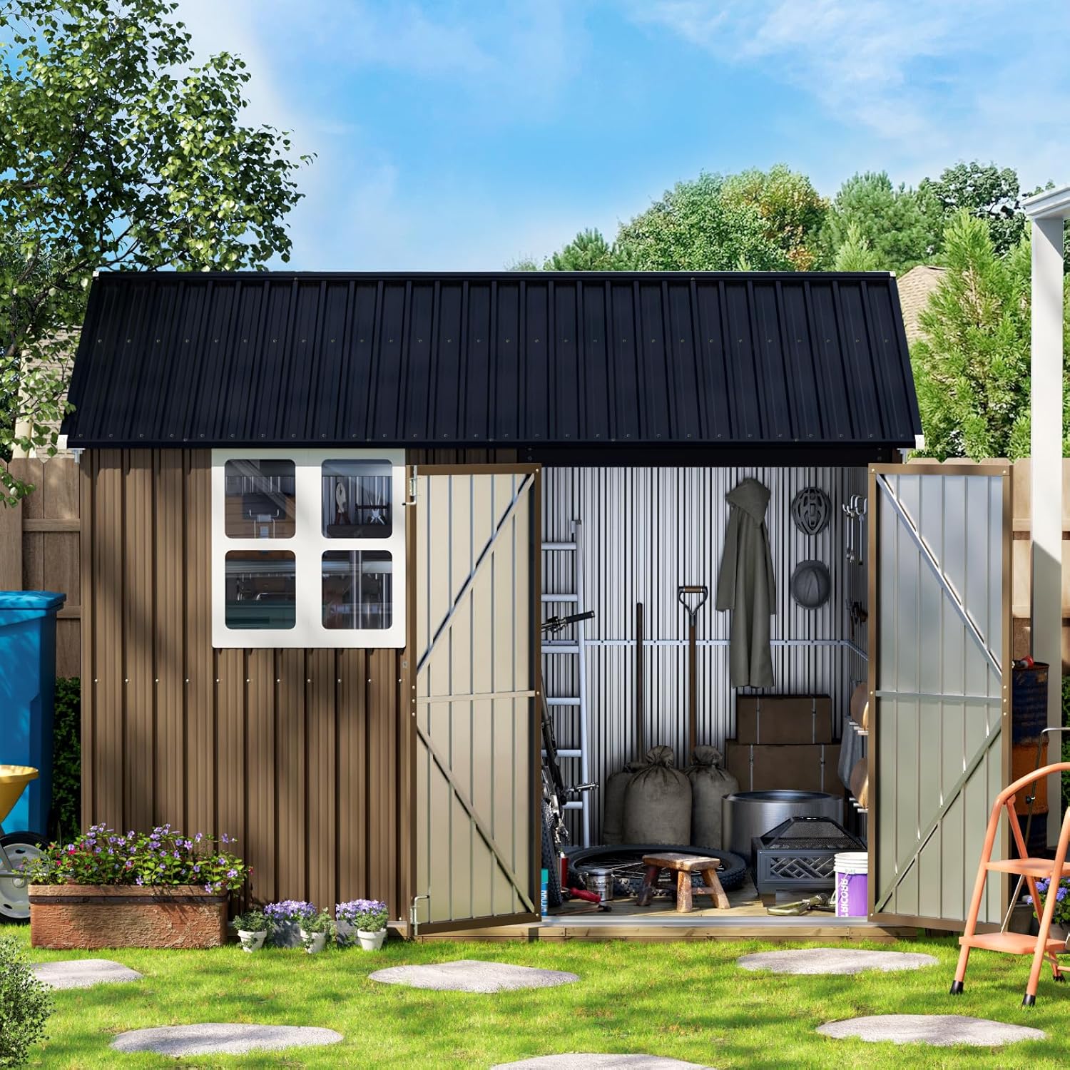 10X8FT Outdoor Steel Storage Shed with Lockable Doors, One Big Window,Ideal for Garden, Backyard, Patio Storage,Brown