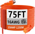 huanchain 75 Foot 16/3 Gauge Outdoor Extension Cord Waterproof, Flexible Cold-Resistant Appliance Extension Cable Outside, 10A 1250W 16AWG SJTW, 3 Prong Heavy Duty Electric Cord Orange, ETL