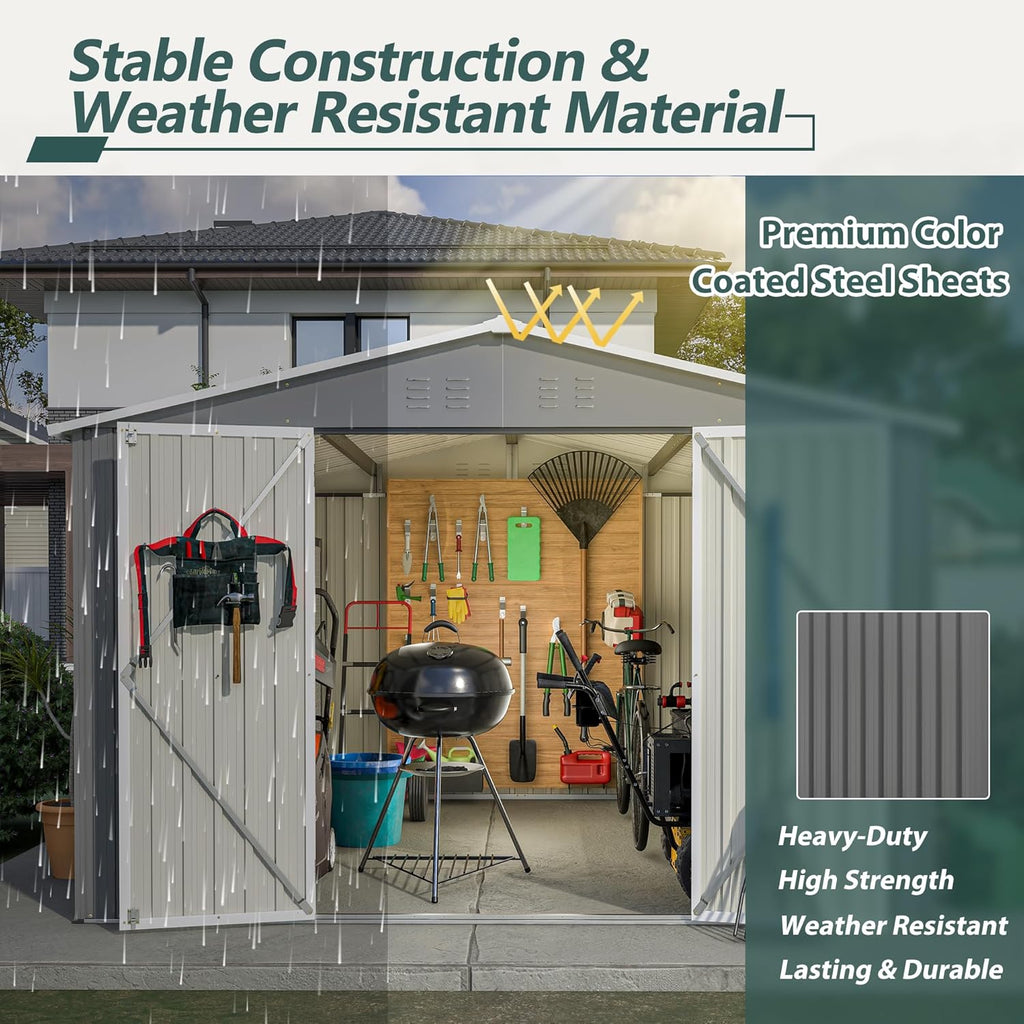 10x10 FT Outdoor Storage Shed, Large Metal Tool Sheds with Updated Frame Structure and Lockable Doors, Garden Shed for Backyard Garden Patio Lawn
