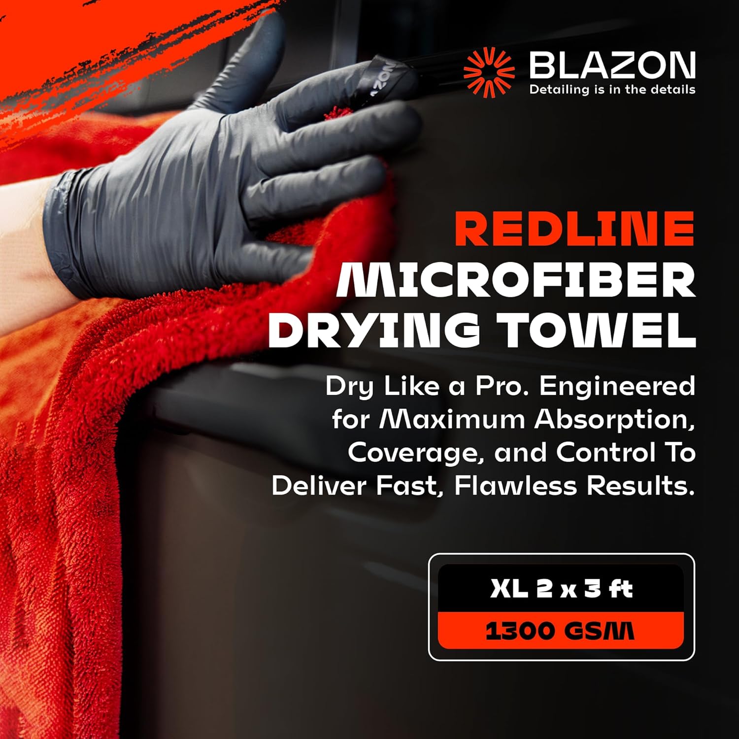 Redline XL Car Drying Towel - Ultra Premium 1300 GSM Microfiber Drying Towel - Max Absorption, Streak-Free Finish, Super Soft Twisted Loop Design - Dries Full Vehicle - Extra Large 2 x 3 ft