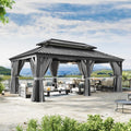 Aoxun 12' X 20' Hardtop Gazebo, Aluminum Outdoor Gazebo with Galvanized Steel Double Roof, Patio Permanent Metal Pavilion with Netting, for Garden, Deck, Grey, Square Foundation