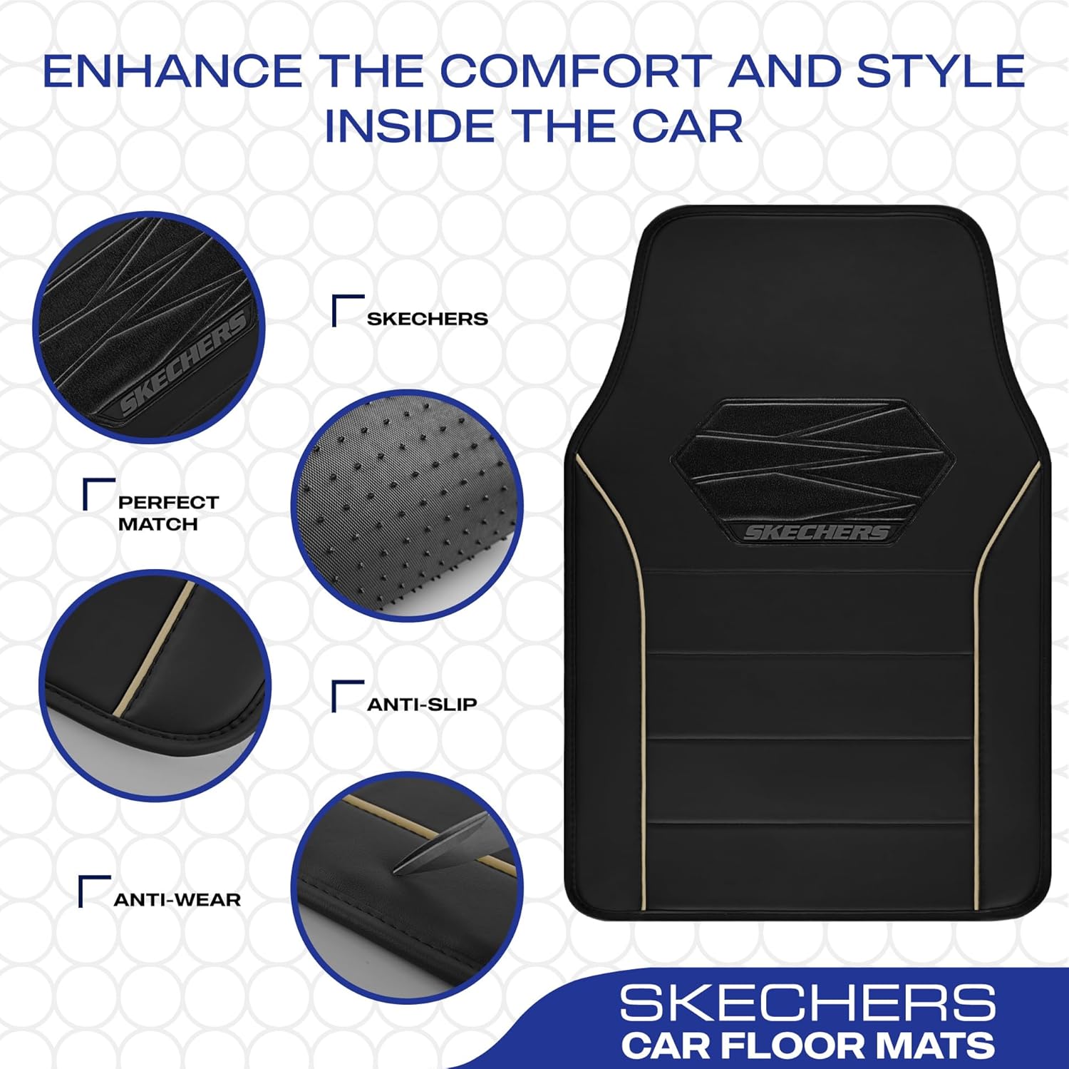 Skechers Memory Foam Car Mats, Leather Piping with Anti-Slip Pad, Universal Waterproof Fit Automotive Floor Mats for SUV, Vans, Sedans, Trucks, Full Set 4pcs Beige