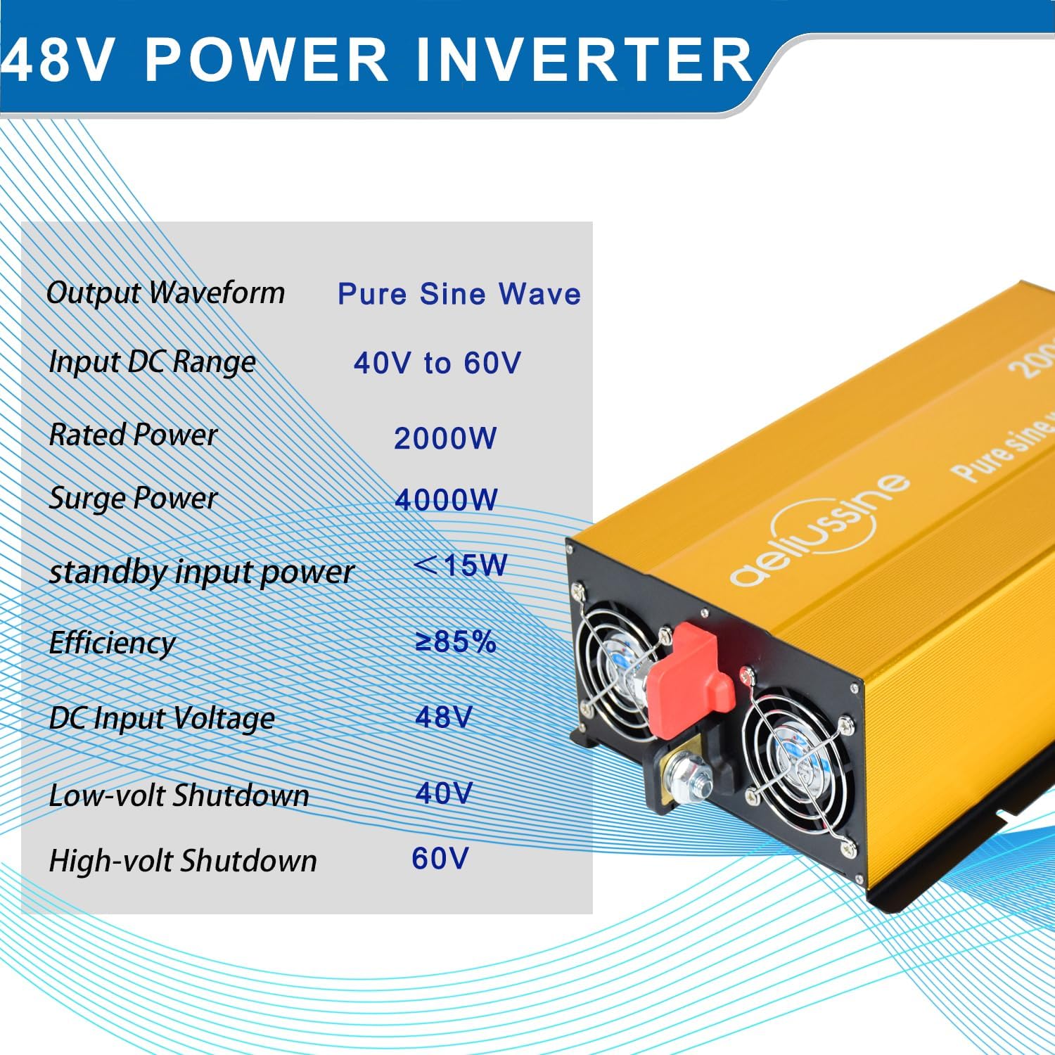 2000W Pure Sine Wave Inverter-48V DC to 110V 120V AC Power Converter with 2 AC Outlets, 48 Volt Power Inverter for Truck, Rv, Camping, Home, Emergency Power