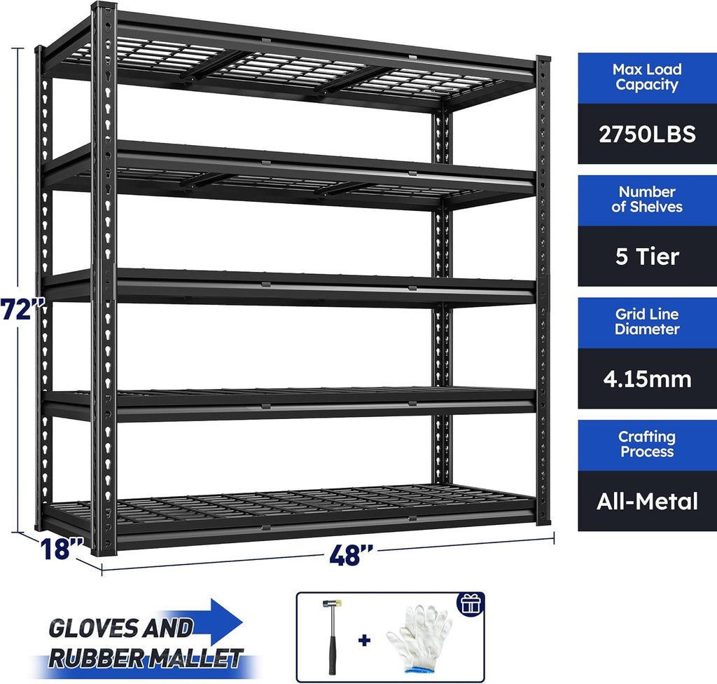 REIBII 48" W Garage Shelves, 5-Tier Garage Shelving Load 2750LBS, Adjustable Metal Storage Shelves, Wire Shelving for Basement, Warehouse, Workshop, Kitchen, 48" W x 18" D x 72" H