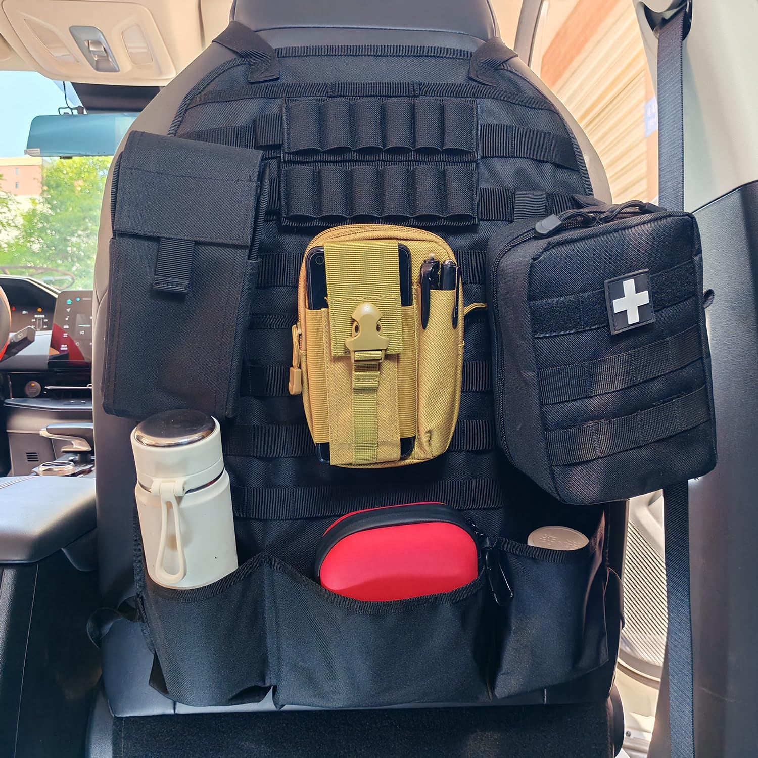 Car Seat Back Organizer Tactical MOLLE Panel Back Seat Storage Bag Universal Car Seat Cover Protector (Black)