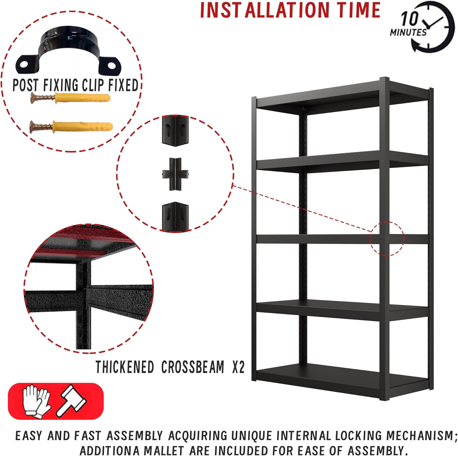 5 Tier Garage Shelves - 72"H x 39.4"W x 18"D, 3000 lbs Heavy Duty, Matte Black, Adjustable Metal Shelving for Industrial Garage Storage
