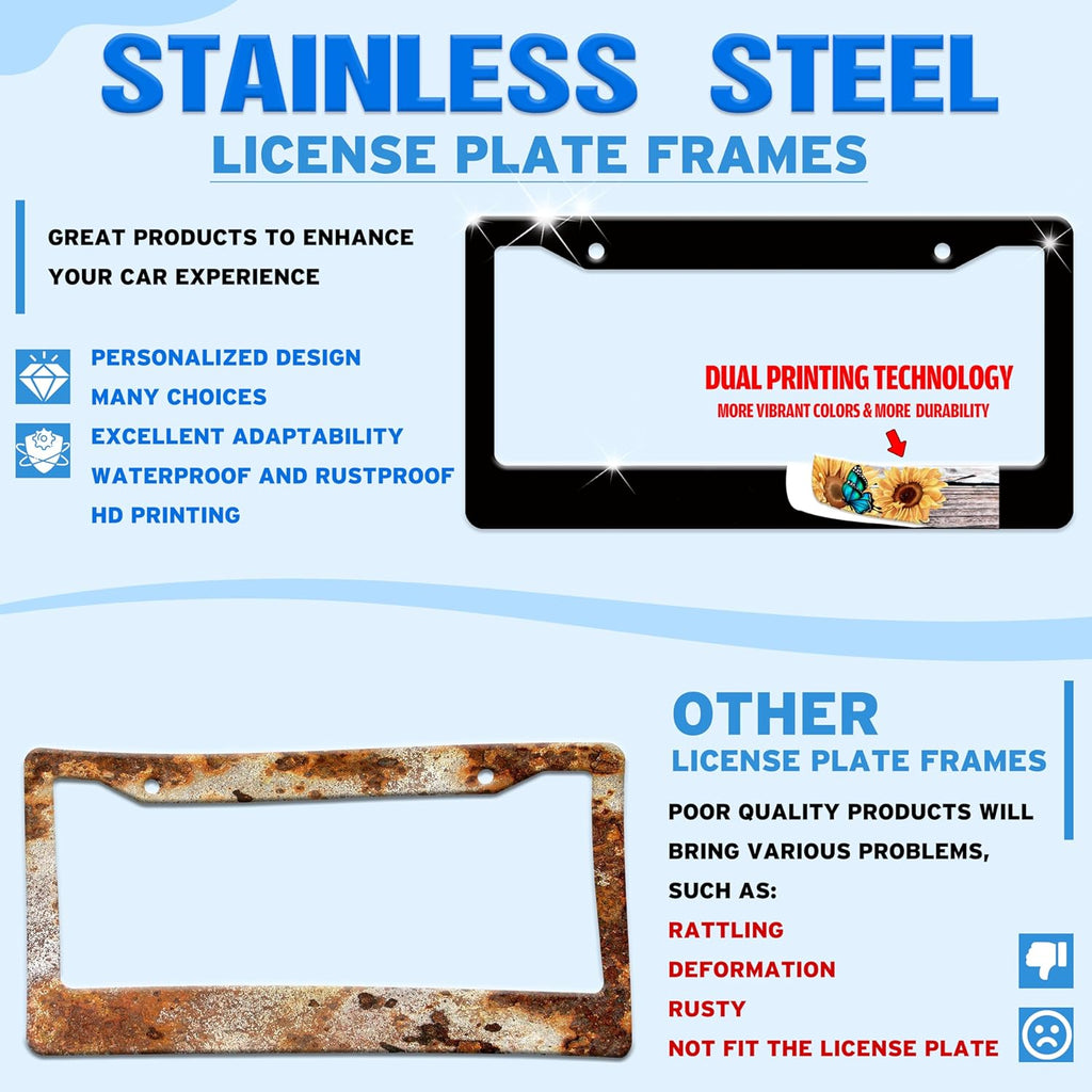 Black and White Flame License Plate Frame Fire License Plate Holder for Front or Rear Car Tags Stainless Steel Funny Car Decoration with Screws 6.3 X 12.2 in