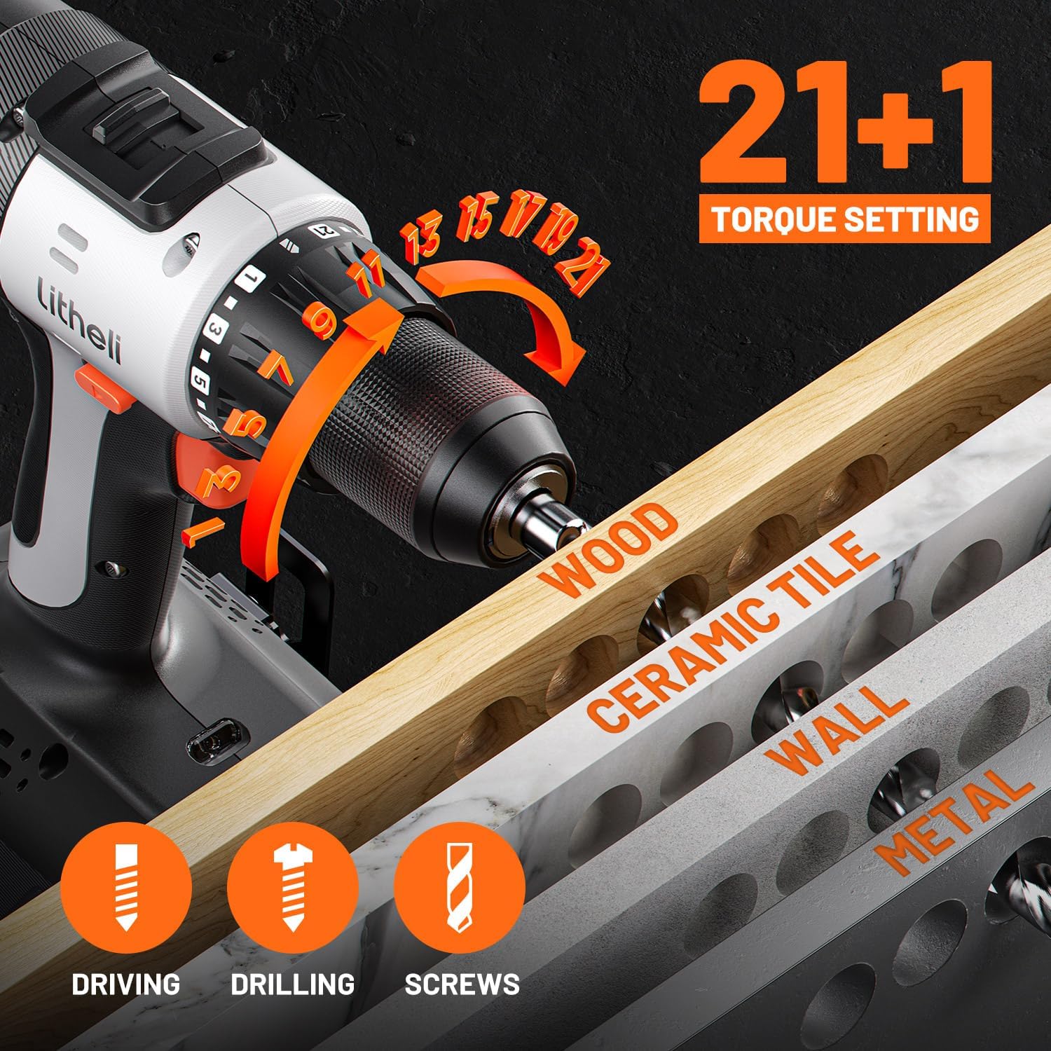 Litheli 20V Cordless Drill Driver Set, Electric Power Drill with 2 Variable Speed Settings, 1/2 Inch Keyless Chuck, 21+1 Clutch Settings with Maximum Torque of 443 In-lbs (Charger not Included)