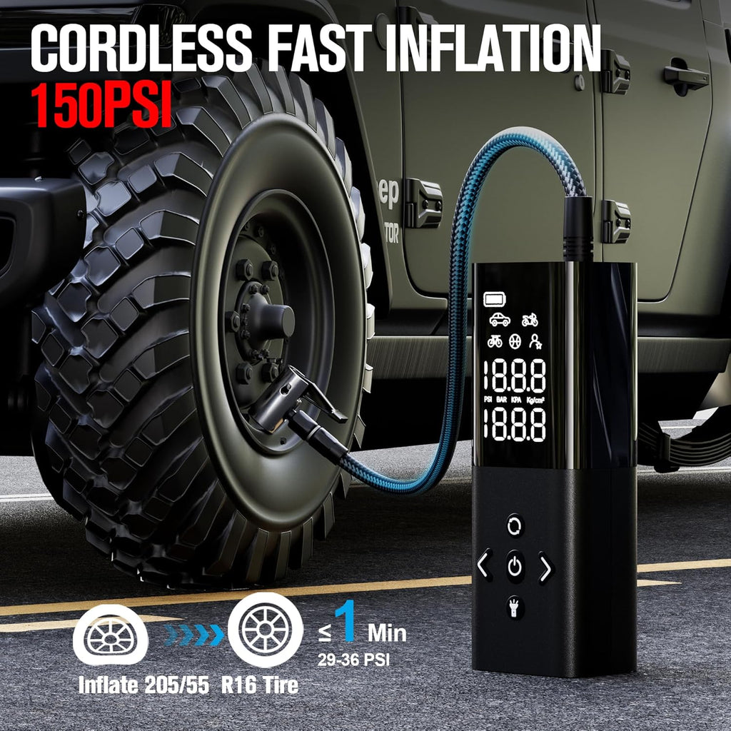 GOOLOO AP150 Tire Inflator Portable Air Compressor, 2X Faster 150PSI Cordless Air Pump for Car Tires with Auto-Shutoff, Portable Tire Pump with Digital Pressure Gauge for Car, Motorcycle,Bike, Ball