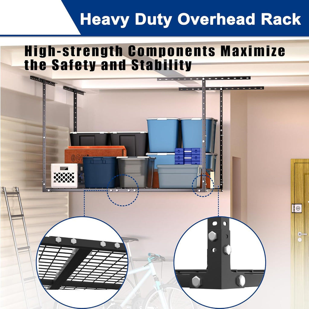 GIOTORENT 3x4FT Heavy Duty Overhead Garage Storage Rack - Adjustable Ceiling Shelving with 450lbs Weight Capacity, Metal Garage Organization System, Black