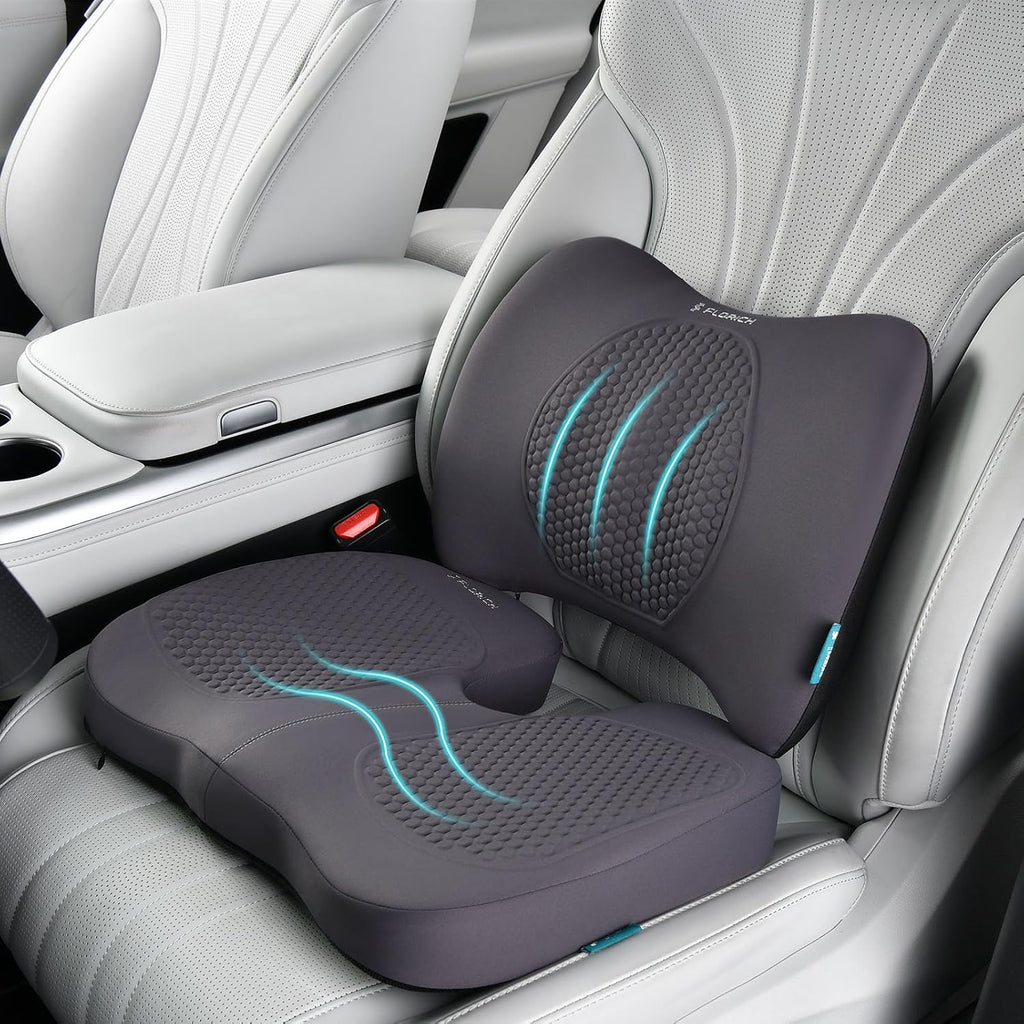FLORICH Car Seat Cushion and Back Support for Office Chair Memory Foam Chair Cushions Pressure Relief Seat Pads with Gel Massage Point Lumbar Support(Grey)