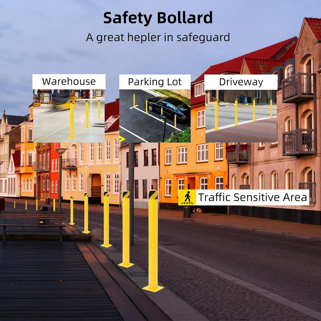 Safety Bollard 2 Packs, 42 Inch Height Steel Bollard Post for Parking Lot, 4.5 Inch Diameter Pipe, Yellow Safety Bollard Post with 8 Anchor Bolts, Ideal for Traffic-Sensitive Areas, Driveway Barrier