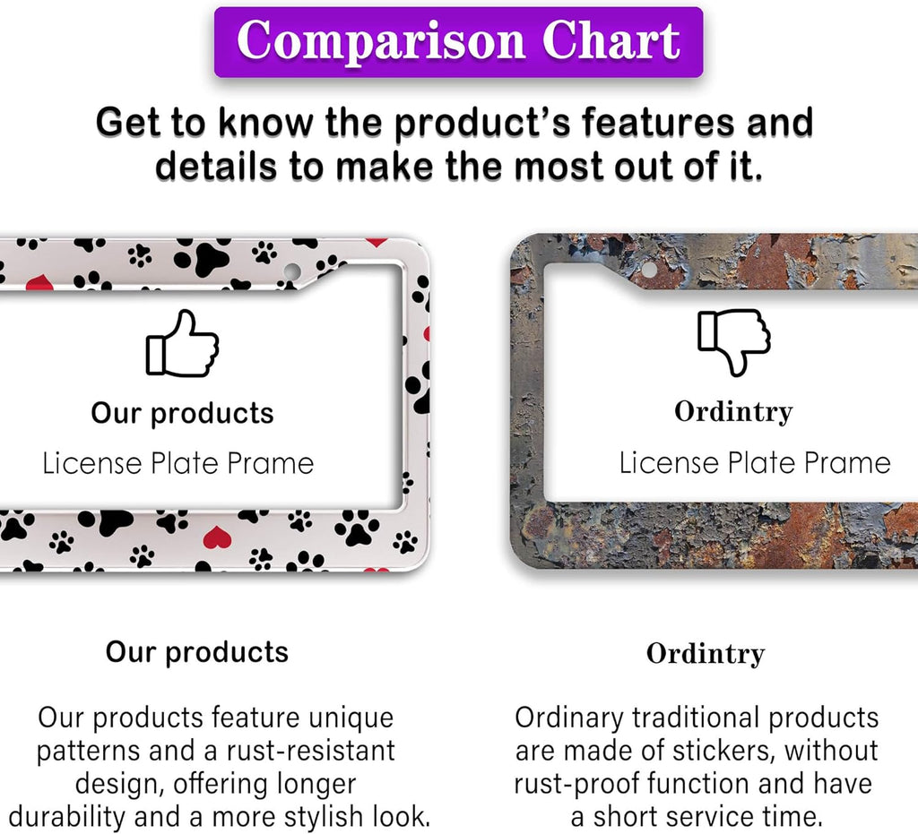 License Plate Frames Black, White, and Red License Plate Bracket Dog Footprints Universal Aluminum Car Accessory 2 Pack with Screw Covers Set