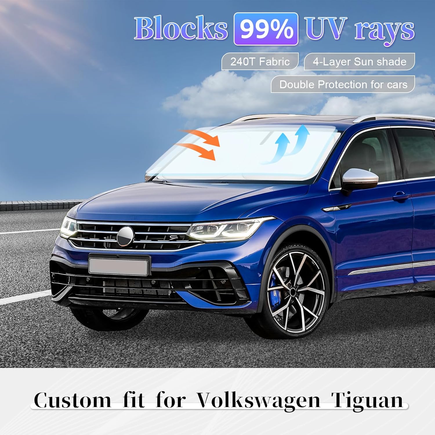 Sun Shade Sunshade for Volkswagen Tiguan 2018-2023 2024 2025 Windshield Cover, 4-Layer Front Window Shade Custom fit Tiguan Sun Visor 240T Retractable Shade Blocks UV Rays Cooler Car Accessories