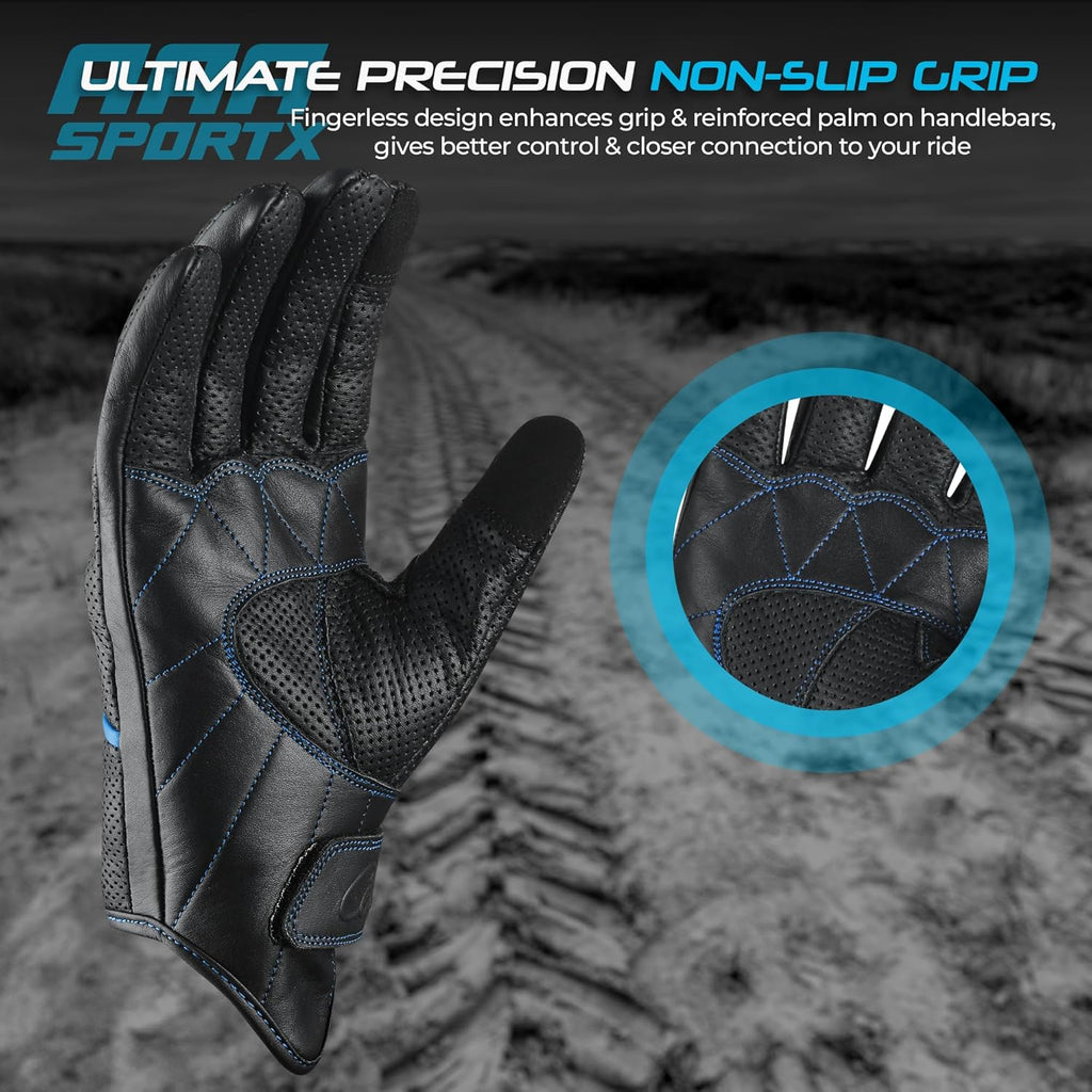 aasportx Motorcycle Gloves - Men's Leather Motorbike Gloves with Touchscreen Function - Non-Slip Pads for Men & Women