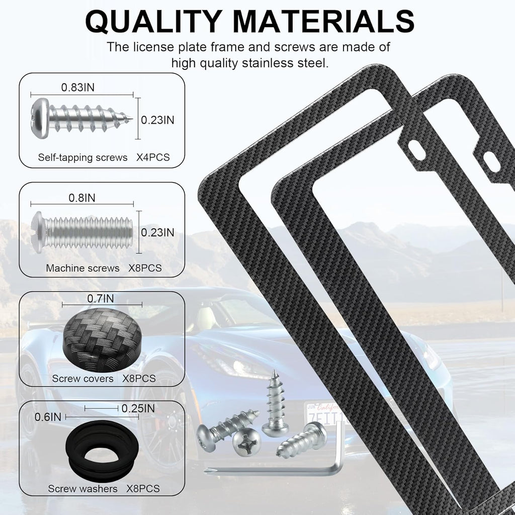 LivTee Carbon Fiber License Plate Frames, 2 Holes Stainless Steel License Plate Covers, 2PCS Car License Plate Holder, Automotive Exterior Accessories, Slim Design with Gasket Cover for US Cars