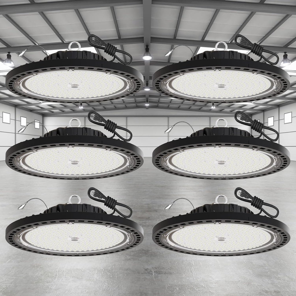 6 Pack UFO LED High Bay Light 250W, 35000 LM, 5000K with 5ft Power Cord, US Plug, Bright LED Shop Light for Basement Commercial Factory Garage Lighting, IP66 Waterproof, AC110-277V, ETL Listded