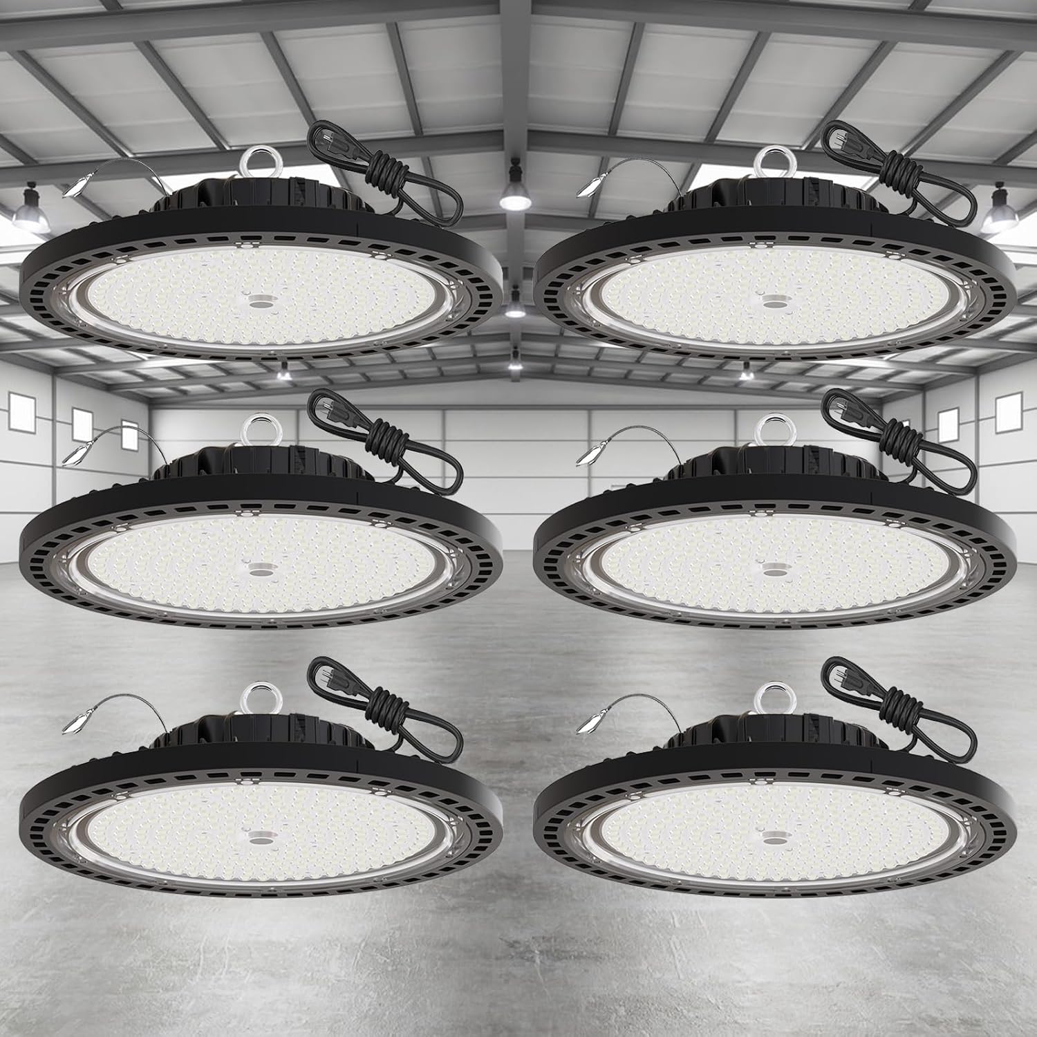 6 Pack UFO LED High Bay Light 250W, 35000 LM, 5000K with 5ft Power Cord, US Plug, Bright LED Shop Light for Basement Commercial Factory Garage Lighting, IP66 Waterproof, AC110-277V, ETL Listded