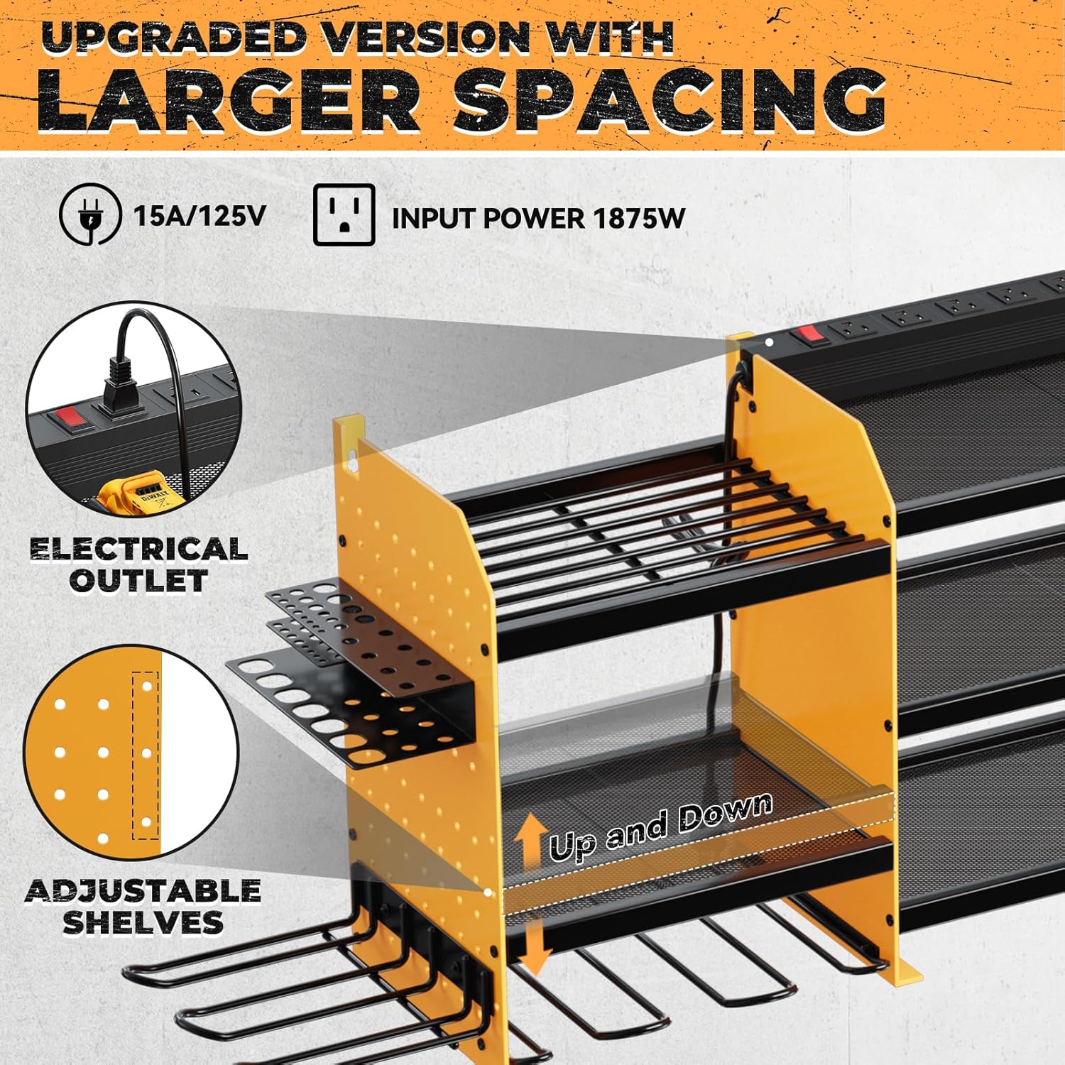Upgrade Large Power Tool Organizer Wall Mount with Charging Station Tool Storage Rack with 6.5FT Power Strip 10 Drill Holder and Storage Rack for Garage Organization