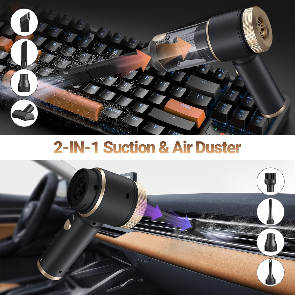 Car Vacuum Portable Cordless, Hand Vacuum with 16000PA High Power, 7 in 1 Mini Car Vacuum Cleaner with One-Click Empty, Dual Hepa Filter, LED Light, Type-C Charging Small Handheld Vac