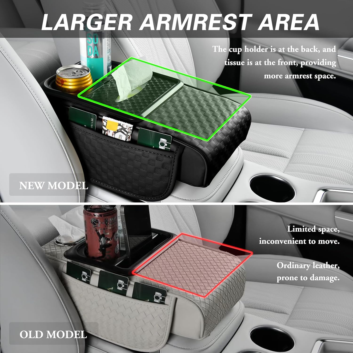 Car Center Console Cover, Armrest Cover for Storing Water Cups, Tissues, Cards, and Phones, 4-in-1 Center Cover with Soft Leather and High Resilience Memory Foam (Black)