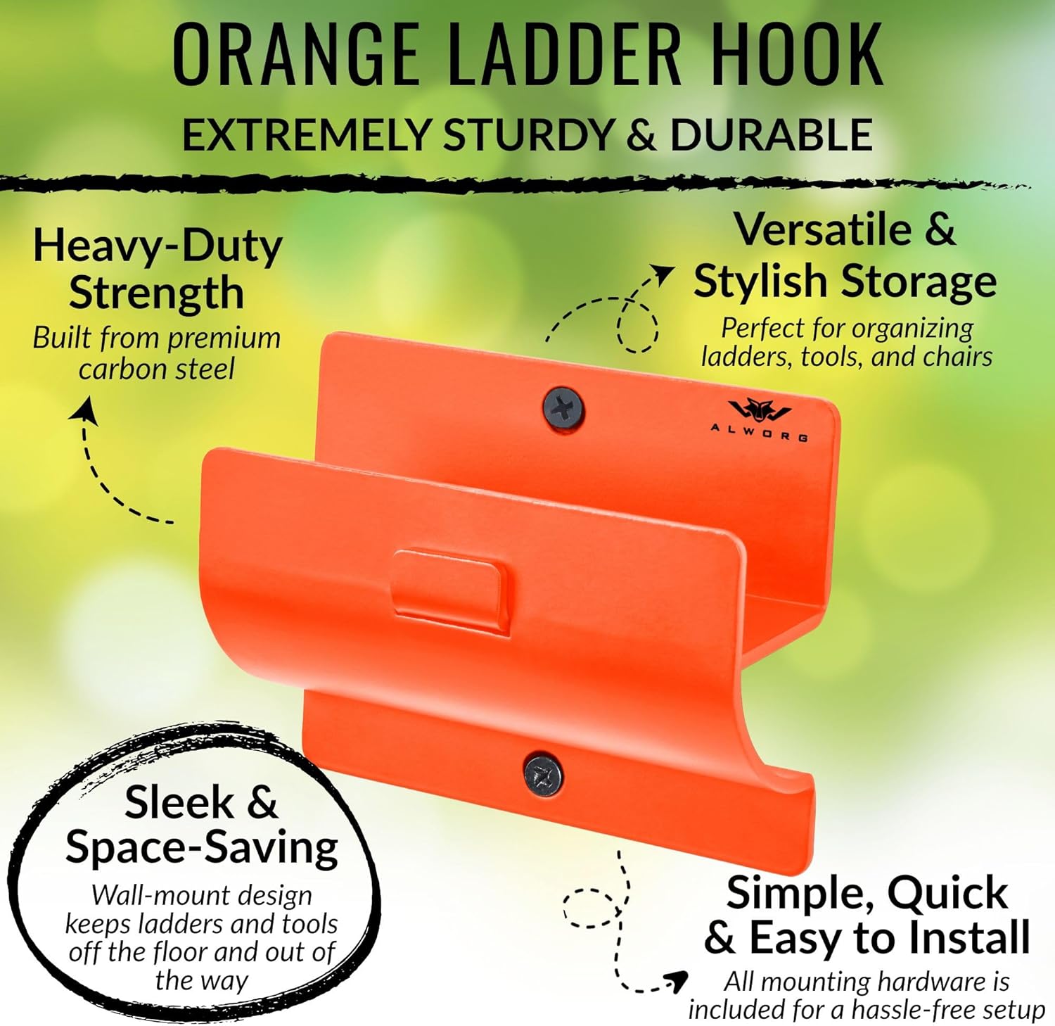 Orange Garage Storage Hooks - Heavy Duty Ladder Wall Mount, Wheelbarrow Hanger, Tool Holder, Hanging Brackets for Ladders, Folding Chairs