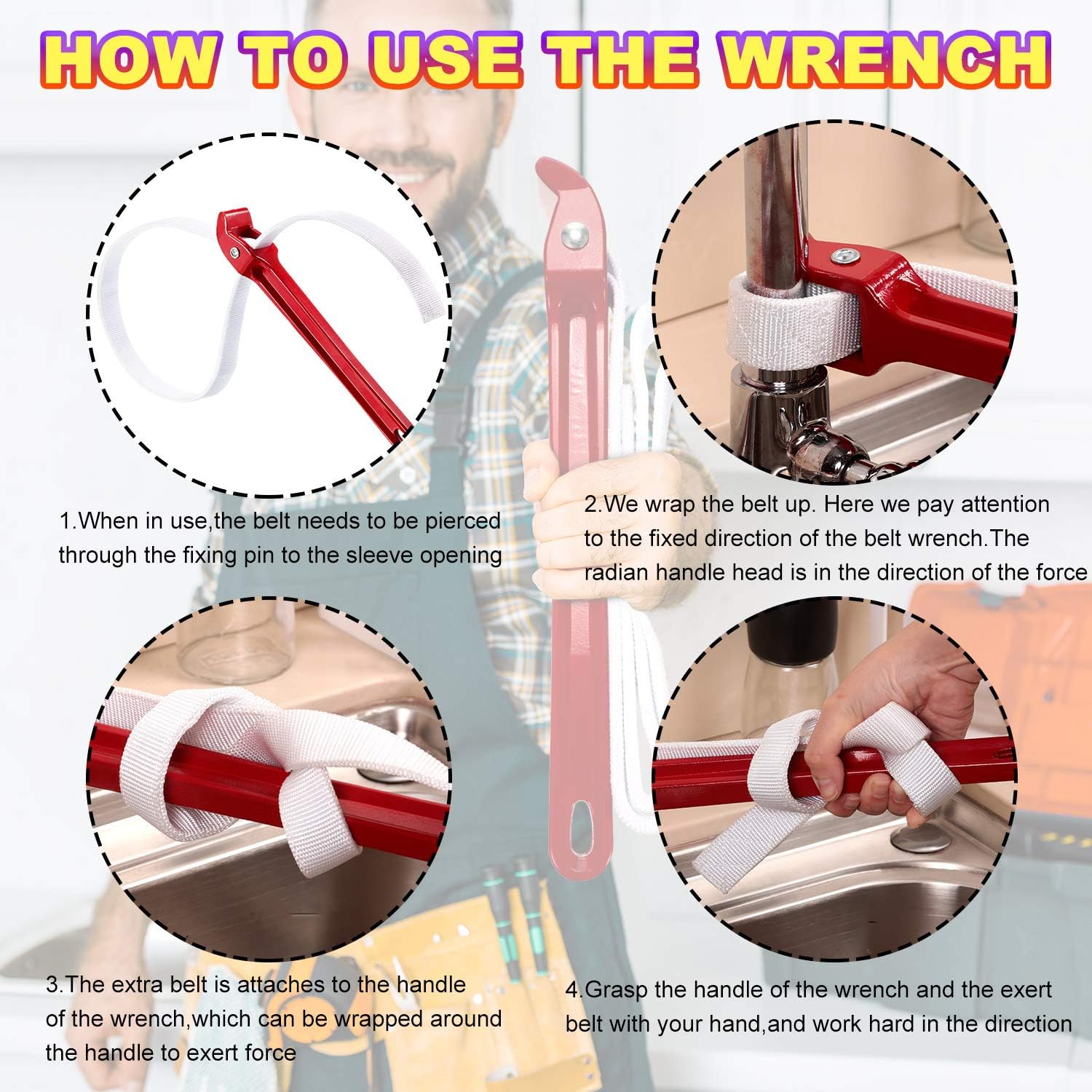 Mudder 12 Inch Strap Wrench Adjustable Pipe Nylon Plumbing Strap Wrench Oil Filter Jar Opener Handle Belt Anti-sliding Fixed Tool