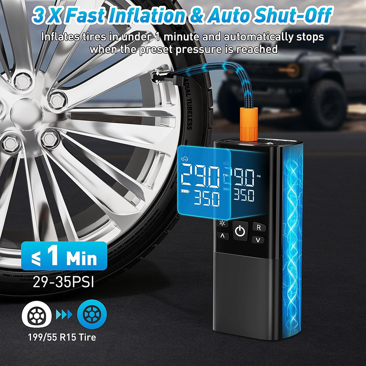 Tire Inflator Portable Air Compressor – Dual Power Mode, Built-in Battery & 12V Car Plug | Fast Inflation, Auto Shut-Off, Dual Pressure Display & LED Light for Cars, Motorcycles, Gifts for Men