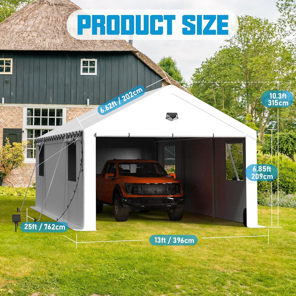 13x25 Carport, Heavy Duty Carport Canopy Garage with Removable Sidewalls and Drive Through Roll Up Zipper Doors, White