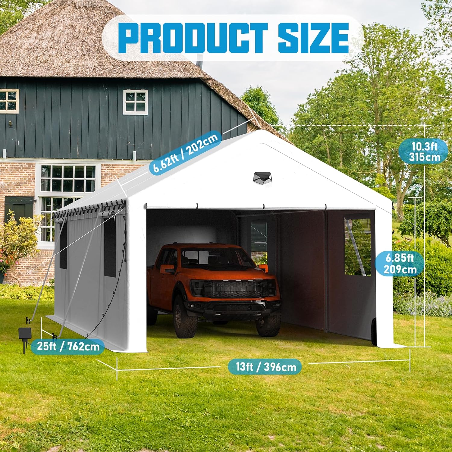 13x25 Carport, Heavy Duty Carport Canopy Garage with Removable Sidewalls and Drive Through Roll Up Zipper Doors, White