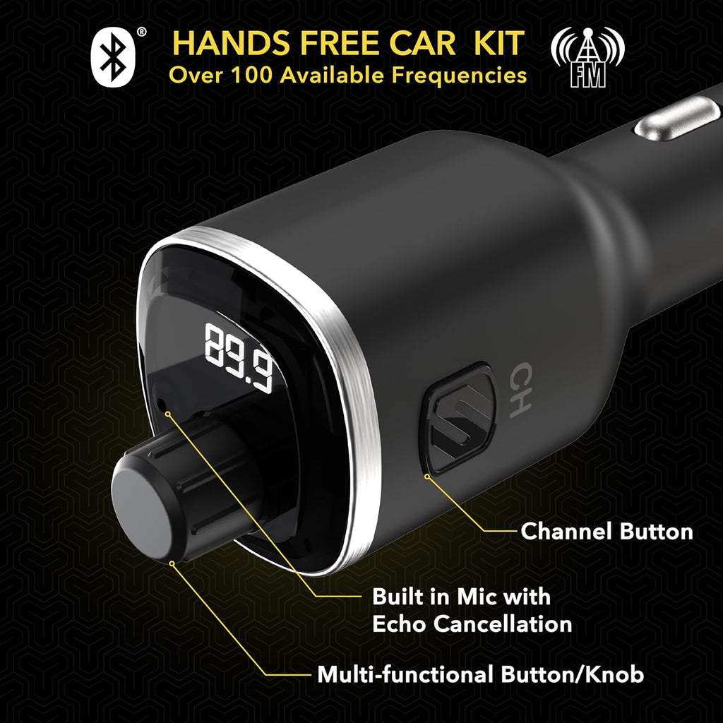 Scosche BTFM8 Bluetooth FM Transmitter Car, Dual 12W USB-C and USB-A Charging Ports, Fast Type-C Car Charger, Wireless Radio Bluetooth Adapter, Hands-Free Kit for Calls, Siri and Google Assistant