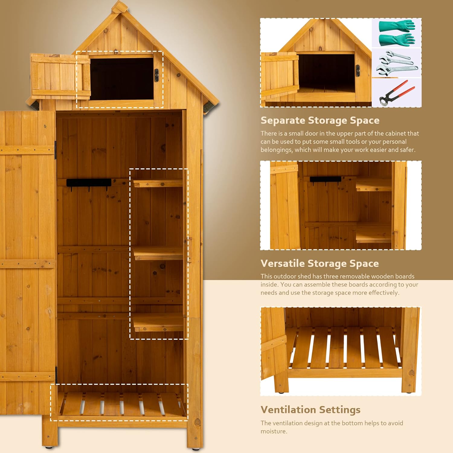 30.3" L X 21.3" W X 70.5" H Outdoor Storage Shed with Waterproof Roof, Solid Fir Wood Frame, and 3 Compartments for Garden Tools, Mower, and Hose,Natural Wood