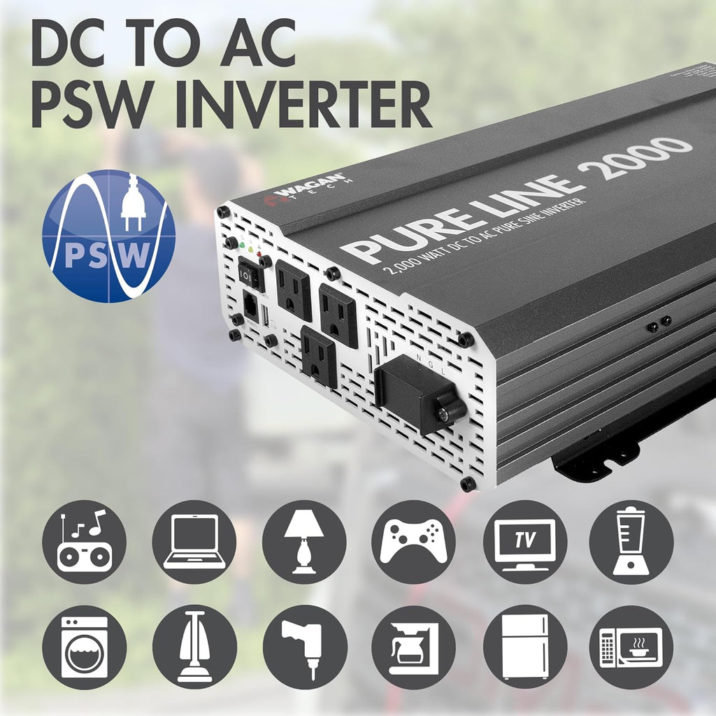 Wagan EL3808 Pure Line Power Inverter 2000 Watt DC 12V to 110V AC Car Pure Sine Wave Power Inverter for Home RV Camping Van Life Off Grid ETL Certified