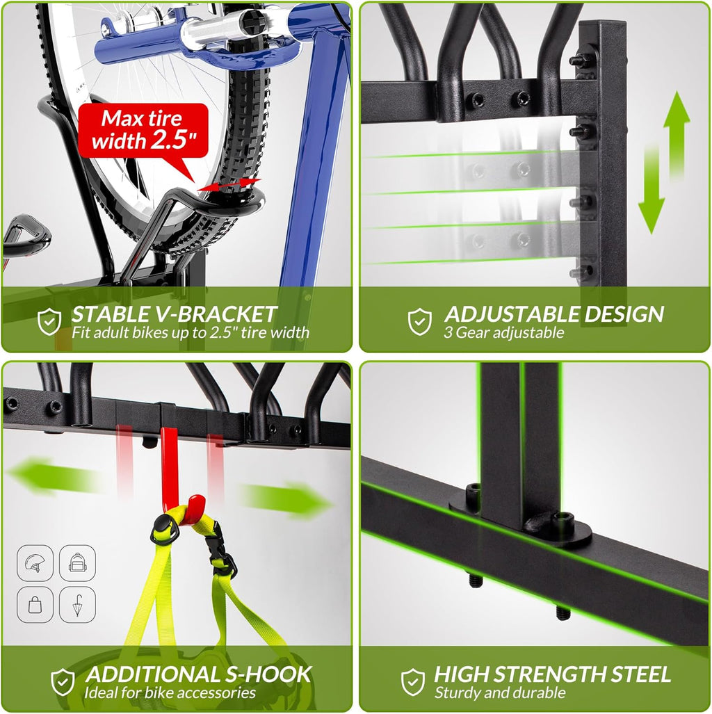 3 Bikes Floor Stand, Adjustable Bicycle Parking Rack with Hook for Garage, Indoor, Outdoor, Metal Cycle Storage Organizer Rack for Mountain, Road and Kids Bikes, Max Tire Width 2.5”, Black