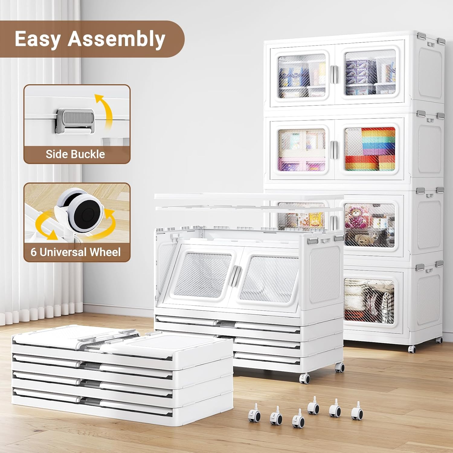 1200 Qt Stackable Storage Bin with Lid, 300Gal Extra Large Collapsible Storage Boxes, Folding Plastic Drawer, Heavy-Duty Store Cabinet, Closet Organizer for Home Kitchen, 4 Pack White