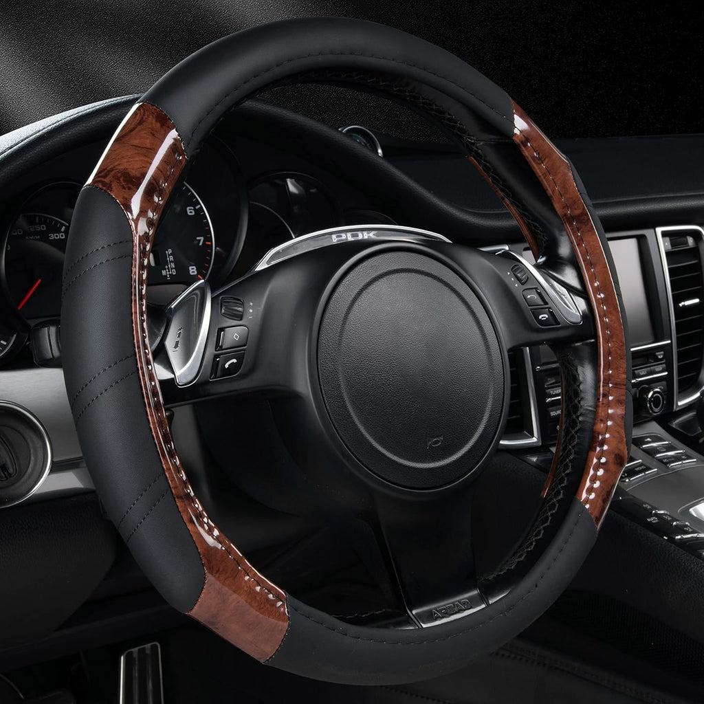 CAR PASS Wood Grain Microfiber Leather Sporty 14.5-15 inch Steering Wheel Cover Universal Fits for 95% Truck,SUV,Cars, Anti-Slip Safety Comfortable Design (Black Wood Grain)