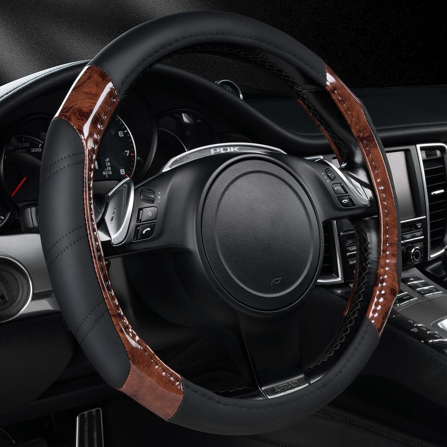 CAR PASS Wood Grain Microfiber Leather Sporty 14.5-15 inch Steering Wheel Cover Universal Fits for 95% Truck,SUV,Cars, Anti-Slip Safety Comfortable Design (Black Wood Grain)