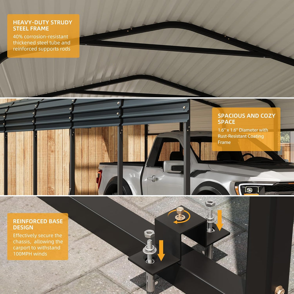12' x 20' Heavy Duty Metal Carport with Galvanized Steel Roof, Metal Roof Carport with Enhanced Base, Tall Metal Carport Kits Garage for Tractors, Pickup, Boat, Car