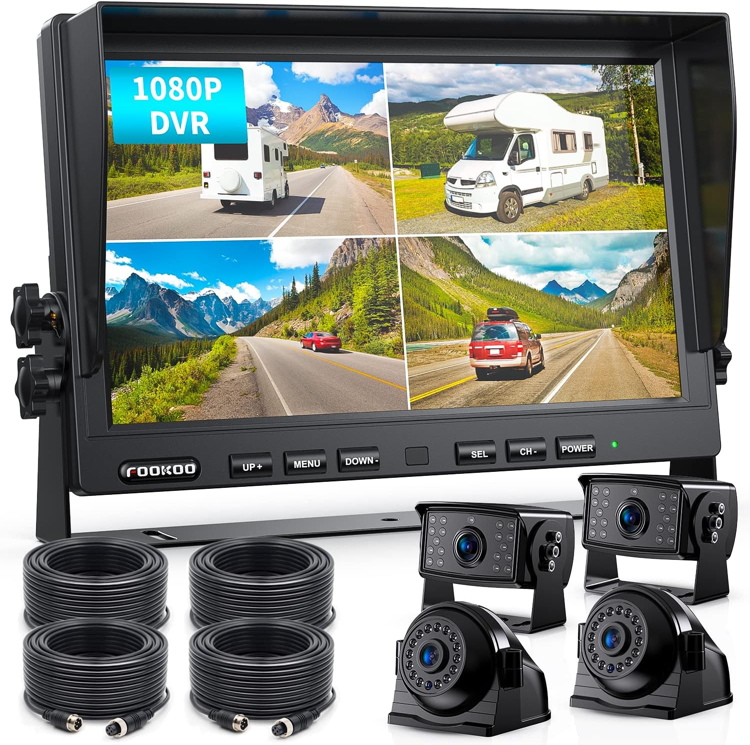 Fookoo Ⅱ 10" 1080P Wired Backup Camera System Kit,10" HD Quad Split Screen Monitor with Recording IP69 Waterproof Rear View Side View Camera Parking Lines for Truck/Semi-Trailer/Box Truck/RV(DY104)