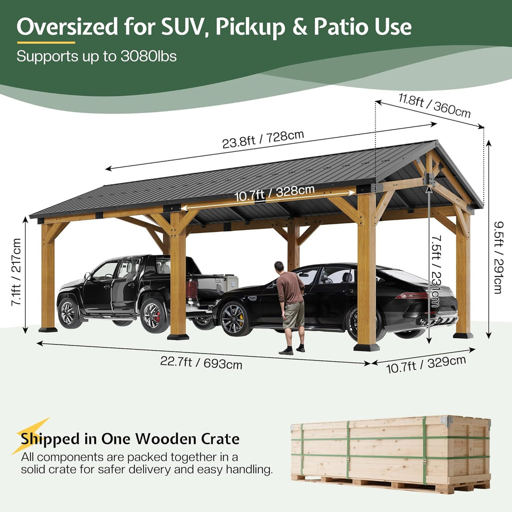 Jocisland 12x24 FT Cedar Wood Hardtop Carport with Steel Roof, Waterproof Outdoor Gazebo Pavilion, Heavy-Duty Snow & Wind Resistant Canopy for Patio, Driveway, Garden