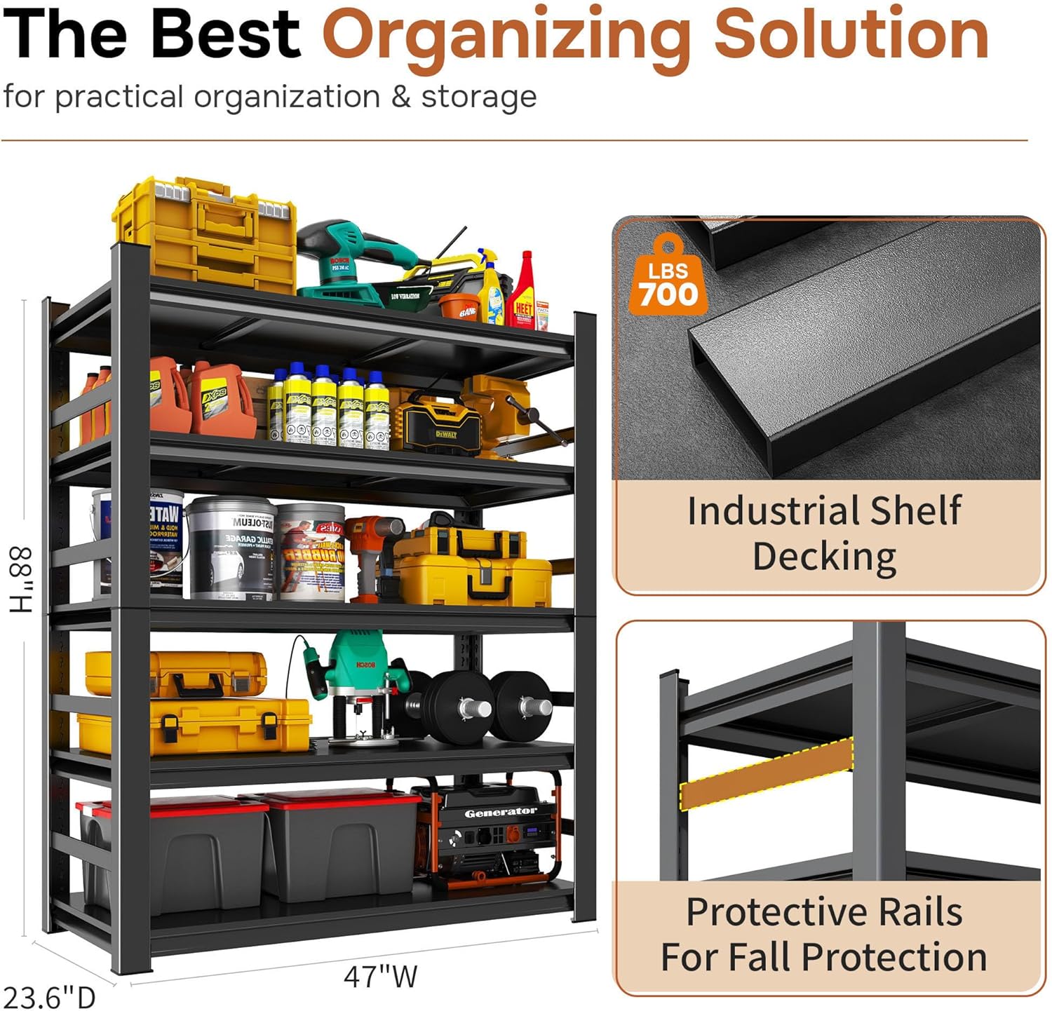 88" H Garage Shelving 5 Tier Storage Shelves Heavy Duty 3800LBS Adjustable Shelf Unit Metal Garage Shelving for Warehouse Industrial Basement, 88" H x 47" W x 24" D, Black