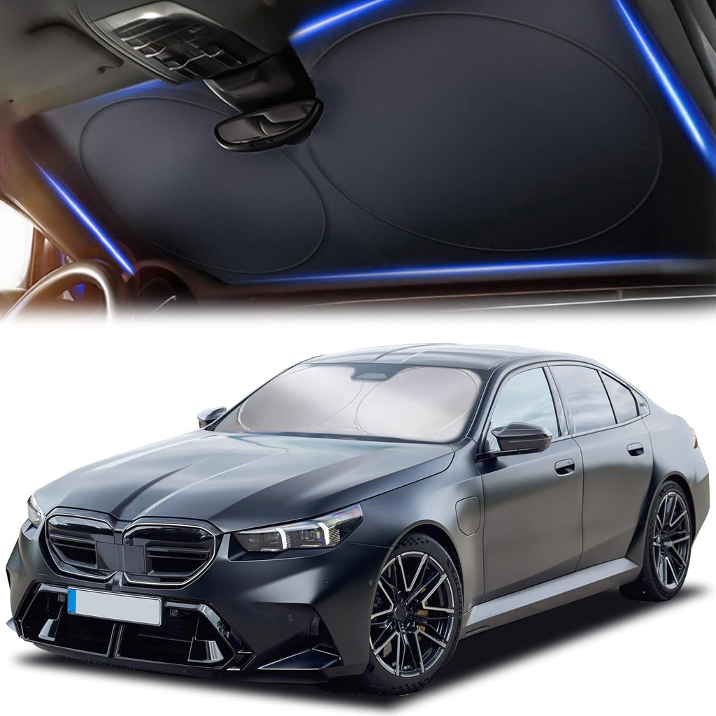 Windshield Sun Shade for Car, SUV & Truck – Patented Design Blocks 99% UV Rays & Heat | 240T Reflective Polyester Sunshade with Storage Bag | Keeps Vehicle Interior Cool | Universal Fit S(59" x 29")