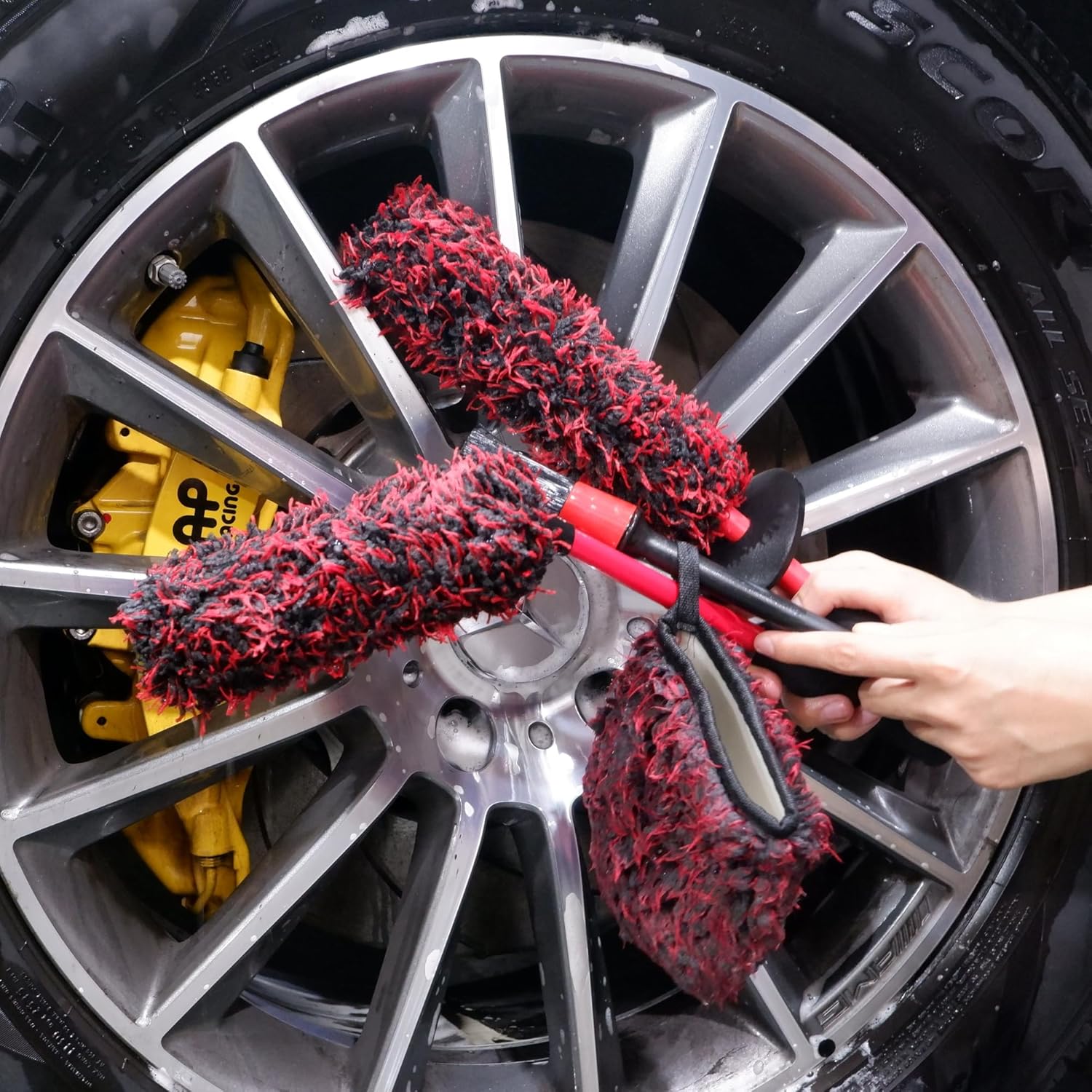 Metal Free Microfiber Wheel Brush Kit- Microfiber Angled Wheel Brush, Long Handle Wheel Brush, Tire& Detailing Brush, Wheel Wash Mitt. Hands-On Wheel Detailing Kit for Daily Wheel Cleaning