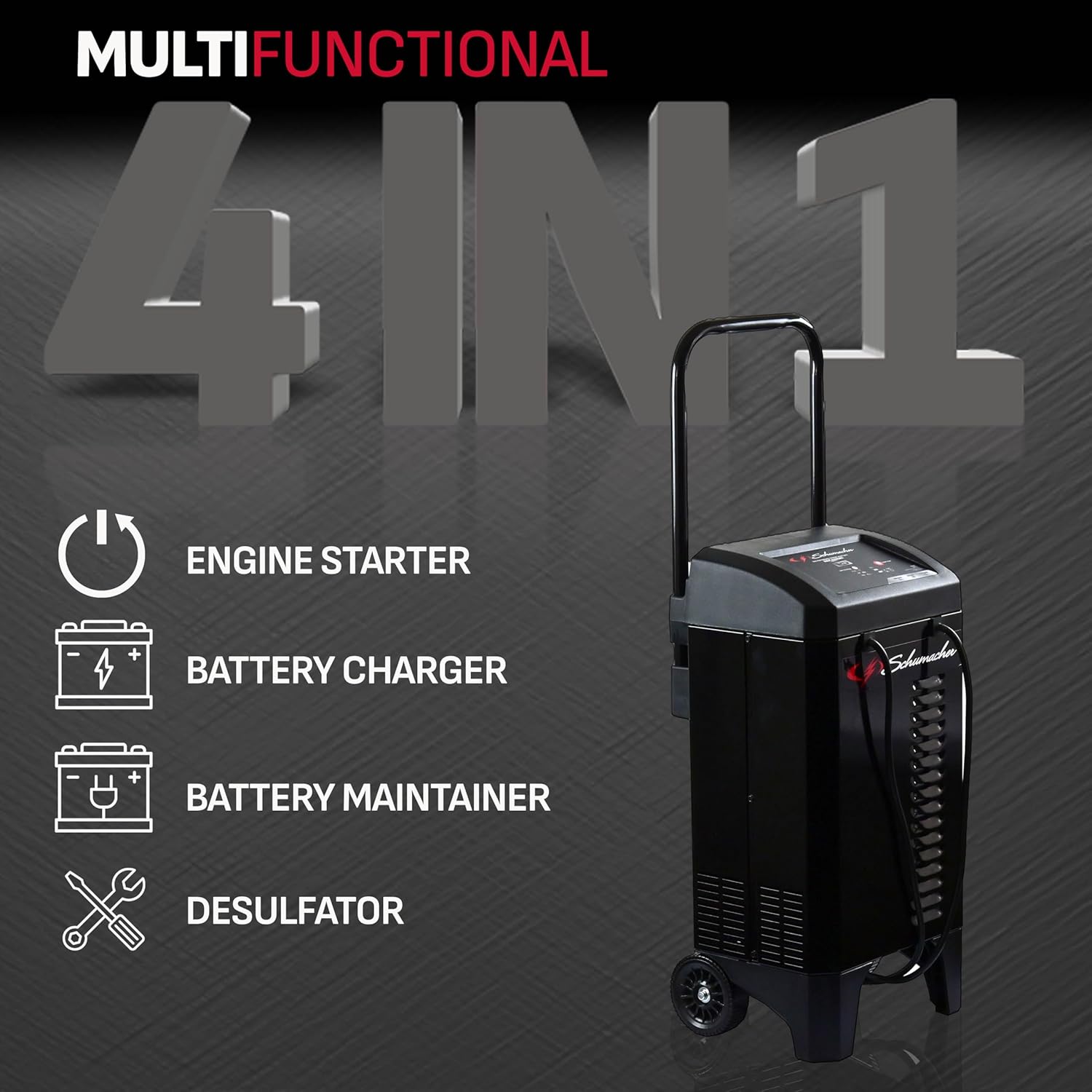 Schumacher Electric 4-in-1 Wheeled Battery Charger, Maintainer, and Engine Starter, SC1324, Fully Automatic, 200 Cranking Amps, 40 Amp Boost, 12V, for Car, Truck, and Other Large Vehicle Batteries