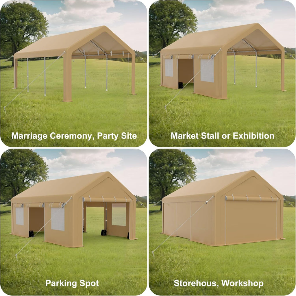 Heavy Duty Carport, Portable Garage with 4 Doors & 4 Window，Upgraded Carport with Reinforced Steel Poles, Uv Resistant All-Season Waterproof Tarp, for Car, Truck, Boat