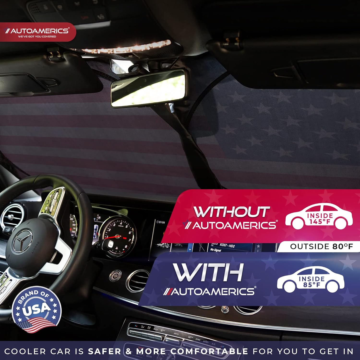 Autoamerics Truck Windshield Sun Shade with Storage Pouch & Anti-Slip Dash Pad - Foldable Original USA Flag Design - Fits Most SUVs & Trucks - Blocks UV Rays, Keeps Vehicle Cool | X-Large (66 x 36 in)