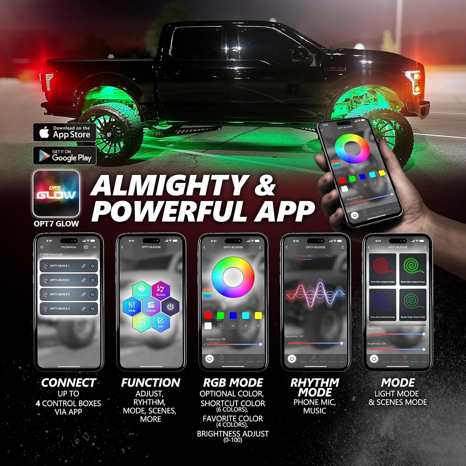 OPT7 Photon RGB LED Magnet Rock Lights with APP & Remote Control, 4 Black Pods Wide Angle Multicolor Neon Underglow Lighting Kit with Extension Wire, IP68 Waterproof for Offroad Truck Jeep RZR ATV UTV