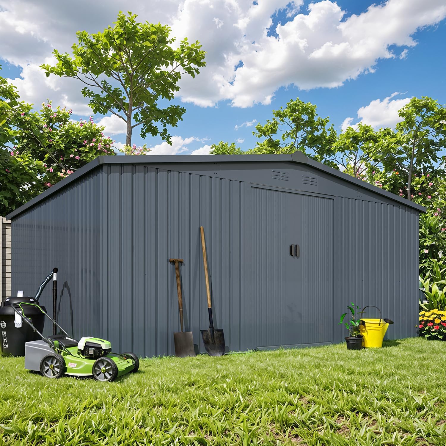 AECOJOY 12' x 14' Outdoor Storage Shed with Sliding Door, Outdoor Sheds & Outdoor Storage Clearance Backyard Shed Storage Cabinet, Large 14x12 Metal Storage Tool Shed